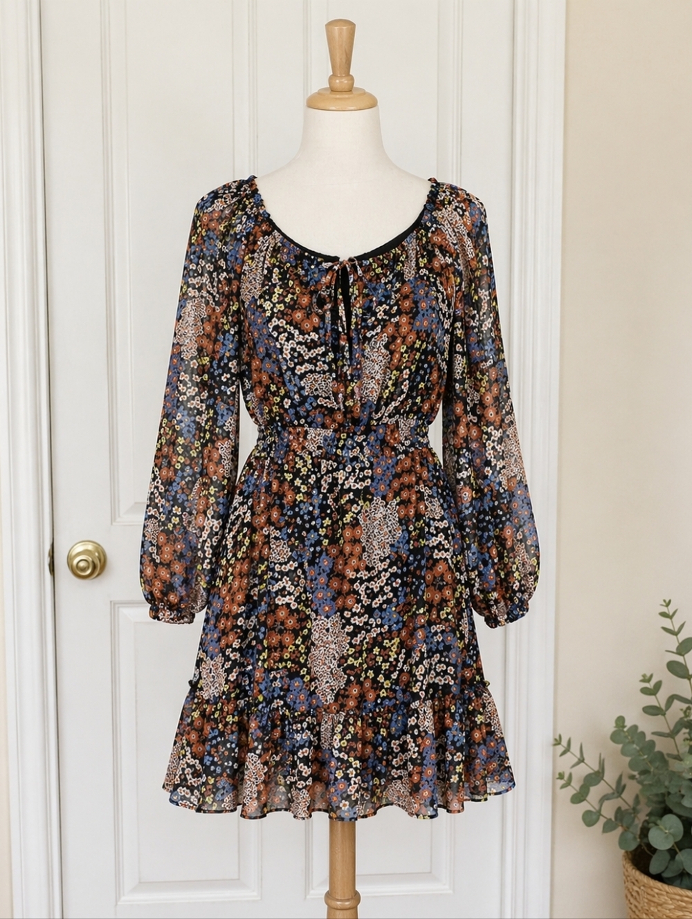 Liberty Love Floral Boho Dress 2XL Black Blue Orange Long Sleeve Flowy Ruffle
